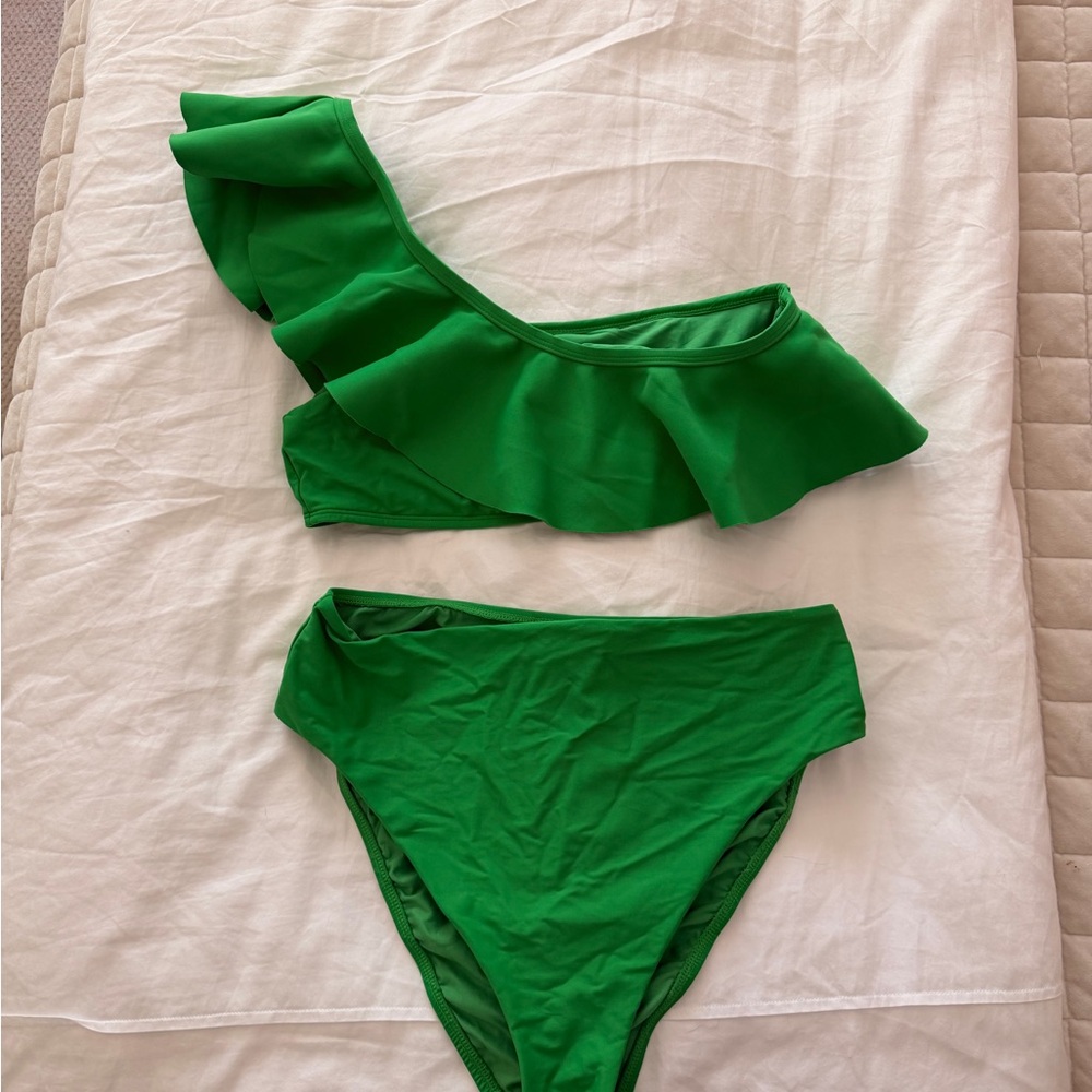 ANTONIO MELANI Green One-Shoulder Ruffle Bikini Set